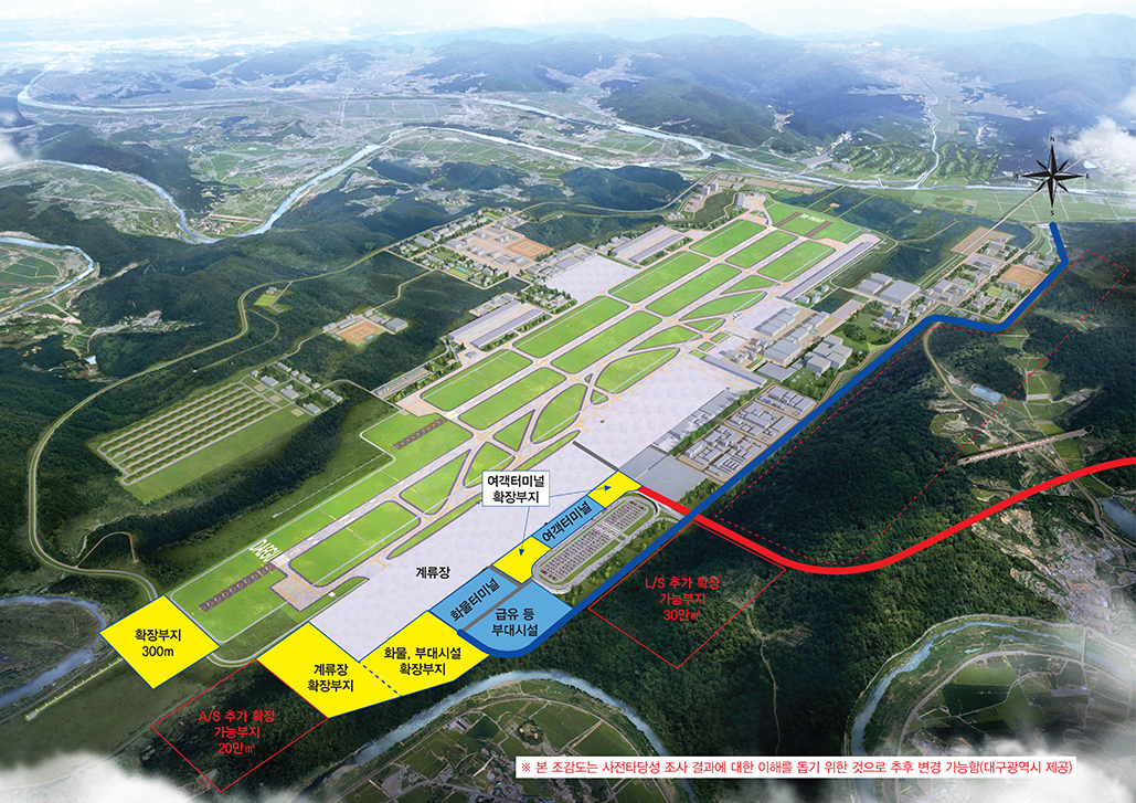 이미지 설명 남동쪽부터 반시계방향으로 확장부지 300m, A/S 추가 확장 가능부지 20만㎡, 계류장확장부지, 화물, 부대시설 확장부지, 화물터미널, 급유 등 부대시설, 여객터미널(여객터미널 확장부지), L/S 추가 확장 가능부지 30만㎡ ※ 본 조감도는 사전타당성 조사 결과에 대한 이해를 돕기 위한 것으로 추후 변경 가능함(대구광역시 제공)